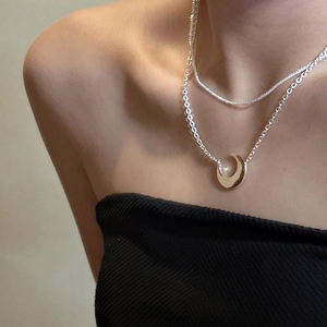 Minimalist S925 sterling silver double layer necklace with a crescent moon pendant
