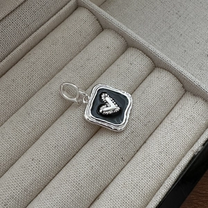S925 Sterling Silver Vintage Heart Pendant Necklace Minimalist Geometric Square Black Enamel Polished Jewelry For Women