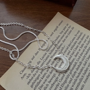 Double-layered S925 sterling silver moon pendant necklace with textured crescent design