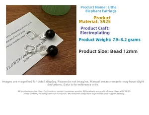 Macro shot of S925 silver elephant earrings with 12mm black agate beads and square studs