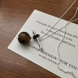 Collier Pendentif en Argent Sterling 925 et Œil de Tigre Style Coréen Boule de Pierre Ronde Brune Chaîne Polie pour Femme Bijoux Minimalistes