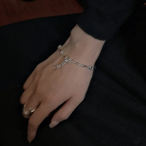 Minimalist S925 sterling silver beaded bracelet and U-shaped ring set for women