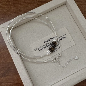 925 Sterling Silver Minimalist Necklace With Natural Tiger Eye Crushed Stone Silver Tube Bead Choker For Women Jewelry