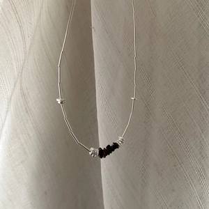 S925 sterling silver tube chain necklace with dark brown natural raw stone pendant accent