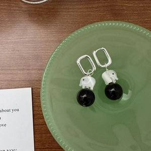 925 Sterling Silver Elephant Dangle Earrings Minimalist Korean Style Black Agate Round Bead Drop Earrings For Women Jewelry