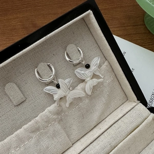Elegant S925 silver butterfly hoop earrings with white shell wings in a gift box