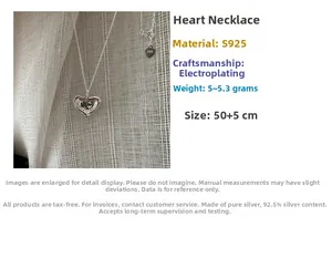 Detail view of the S925 sterling silver heart necklace with size and weight specifications