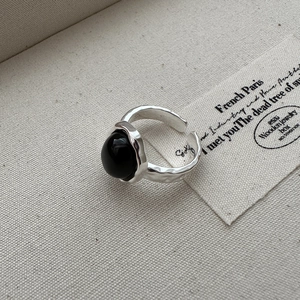 925 Sterling Silver Black Onyx Open Ring Vintage Hammered Texture Adjustable Finger Ring For Women Korean Fashion Jewelry