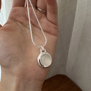 S925 sterling silver necklace with a minimalist round white agate pendant on wheat chain