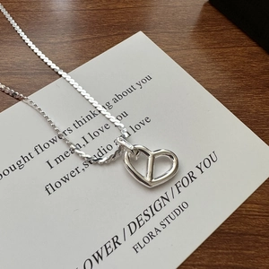 S925 sterling silver heart pendant necklace with hollow design on flat snake chain