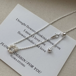 S925 Sterling silver necklace with pearl ring pendant and small heart charm detail