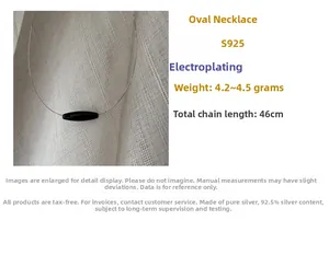 Detail showing S925 sterling silver chain with black oval pendant and dimensions