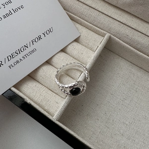 S925 sterling silver open ring with black onyx stone and lava texture finish