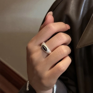 S925 sterling silver ring with oval black agate stone and vintage brushed metal finish