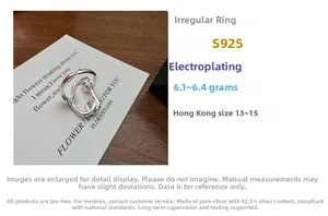 Detailed specs for an irregular S925 sterling silver ring with electroplated finish