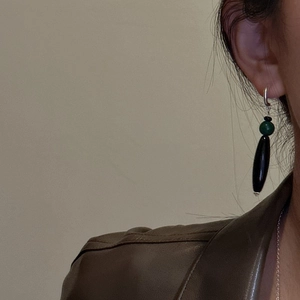 S925 sterling silver drop earrings with green malachite and black onyx beads for women
