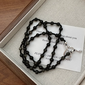925 Sterling Silver Woven Obsidian Beaded Necklace Vintage Retro Long Sweater Chain For Men Women Adjustable Jewelry Gift