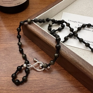 Handcrafted S925 sterling silver black obsidian long sweater chain with retro woven cord