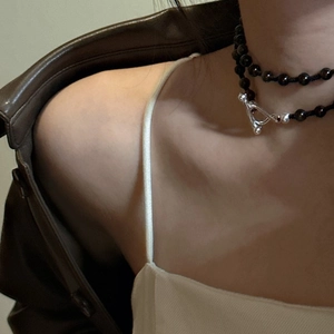 S925 silver beaded sweater chain with black beads and vintage silver OT toggle clasp