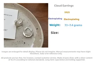 Macro shot of S925 sterling silver cloud-shaped earrings with matte textured finish