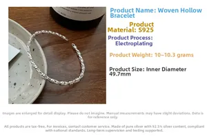 Detailed macro view of an S925 sterling silver woven hollow cuff bracelet for women