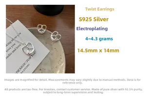 Macro detail of S925 sterling silver knot earrings showing dimensions and plating specs