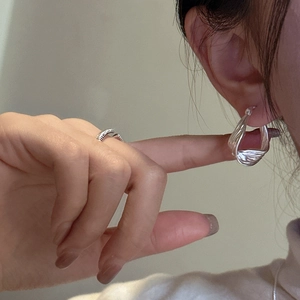 Minimalist S925 sterling silver hoop earrings with liquid metal texture and matching ring