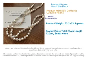 Detailed view of 120cm S925 silver pearl necklace with 6mm pearls and toggle clasp
