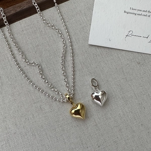 925 Sterling Silver Heart Pendant Necklace Korean Style Double Layered Polished Gold Silver Jewelry For Women Daily Dating