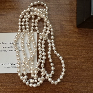 Long Artificial Pearl Necklace With 925 Sterling Silver Clasp French Vintage Elegant Sweater Chain For Women Round White Beads