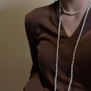 Elegant S925 sterling silver long pearl necklace styled in double layers for women