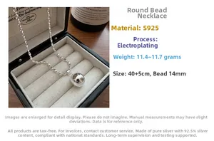 Macro detail of S925 sterling silver ball necklace with 14mm pendant and size specs