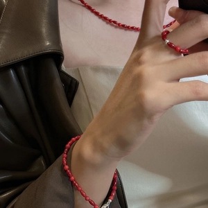 Elegant S925 silver jewelry set with red beads including necklace bracelet and ring