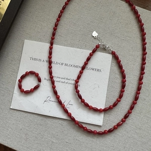 S925 sterling silver red bead jewelry set with necklace, bracelet and ring on card