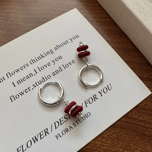 925 Sterling Silver Burgundy Red Silk Wrapped Bead Hoop Earrings Retro Korean Style Handmade Geometric Earrings For Women New Year Gift