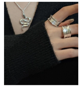 Detailed close-up of a silver snake pendant necklace and textured rings on a black sweater