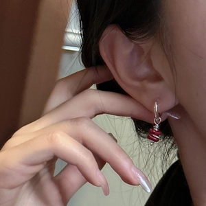 Handcrafted S925 sterling silver hoop earrings with vintage red beaded drop pendants
