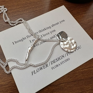 Minimalist S925 silver double layer necklace with irregular lava texture pendants