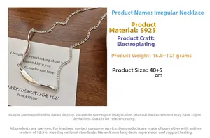 Detail of S925 sterling silver wavy necklace showing plating and 40+5cm length specs