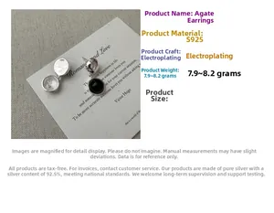 Détail de boucles d'oreilles en argent S925 avec agate noire montrant poids et mesures
