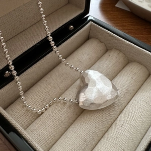 S925 sterling silver heart necklace with a hammered texture finish and a beaded chain