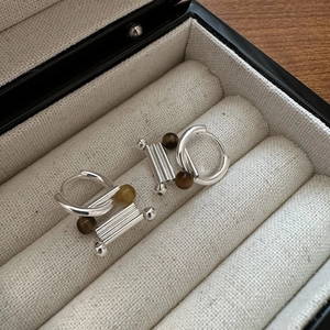 S925 Sterling Silver Geometric Hoop Earrings For Women Minimalist Metal Tube With Tiger Eye Stone Bead Retro Jewelry Gift