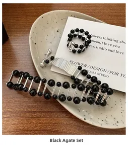 Detailed view of S925 silver black agate jewelry set with toggle clasp bracelet and ring