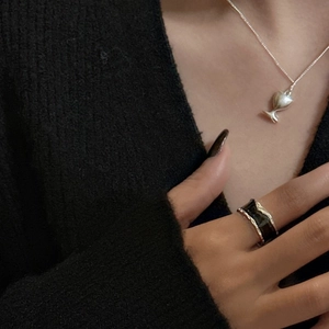 S925 silver necklace with goblet pendant and black enamel wide ring set on a model