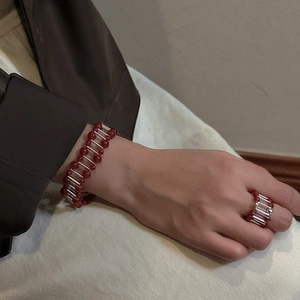 S925 sterling silver red agate bead bracelet and ring set with modern geometric metal tubes