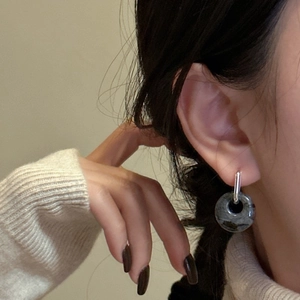 Minimalist S925 sterling silver hoop earrings with natural marble stone pendant for women