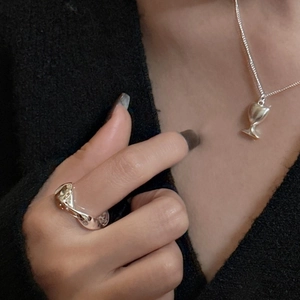 S925 sterling silver ring with irregular wave texture and matching chalice pendant necklace