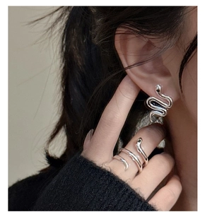 Macro shot of S925 sterling silver snake earrings and ring set with black gemstone eyes