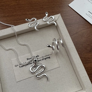 S925 sterling silver snake jewelry set with black zircon pendant necklace and ring