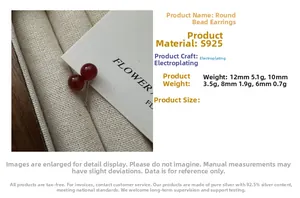 Detail of red agate round bead earrings in S925 silver with various sizes available